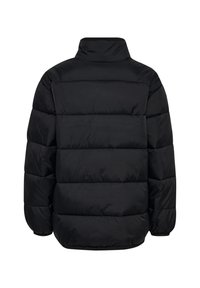 Sort quiltet dunjakke med høj krave, lange ærmer og elastiske manchetter, vist bagfra på en hvid baggrund.