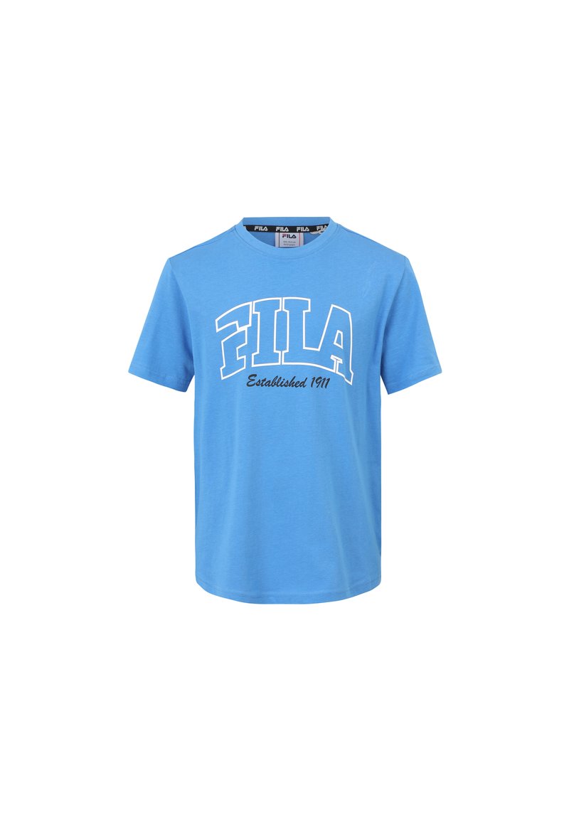 Lichtblauwe katoenen t-shirt met een ronde halslijn en korte mouwen. Bevat een groot wit FILA-logo en de tekst "Opgericht 1911".