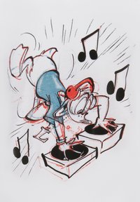 Personaje de dibujos animados con ropa azul y auriculares rojos, mezclando discos en dos tornamesas, rodeado de notas musicales y líneas enérgicas.