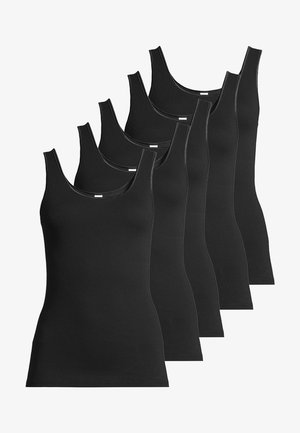 Vijf zwarte tanktops van een katoenmix. Beschikken over een ronde hals en smalle bandjes, met een minimale stikselafwerking.