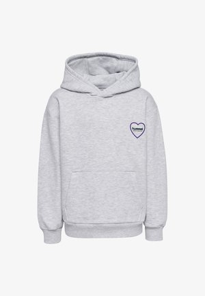 Hellgrauer Hoodie aus einem weichen Stoff, mit einer Fronttasche, elastischen Bündchen und einem lila Herz-Logo auf der linken Brust.