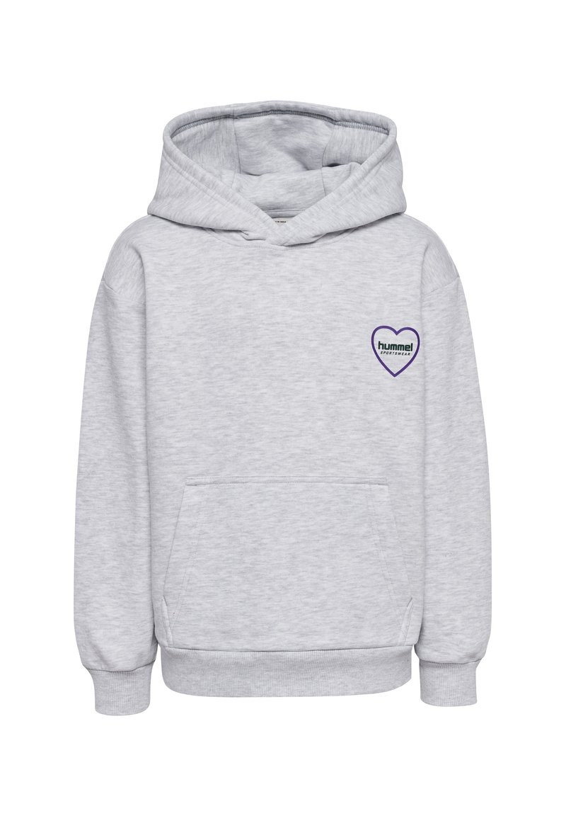 Hoodie gris clair en tissu doux, avec une poche frontale, des poignets élastiques et un logo en forme de cœur violet sur la poitrine gauche.