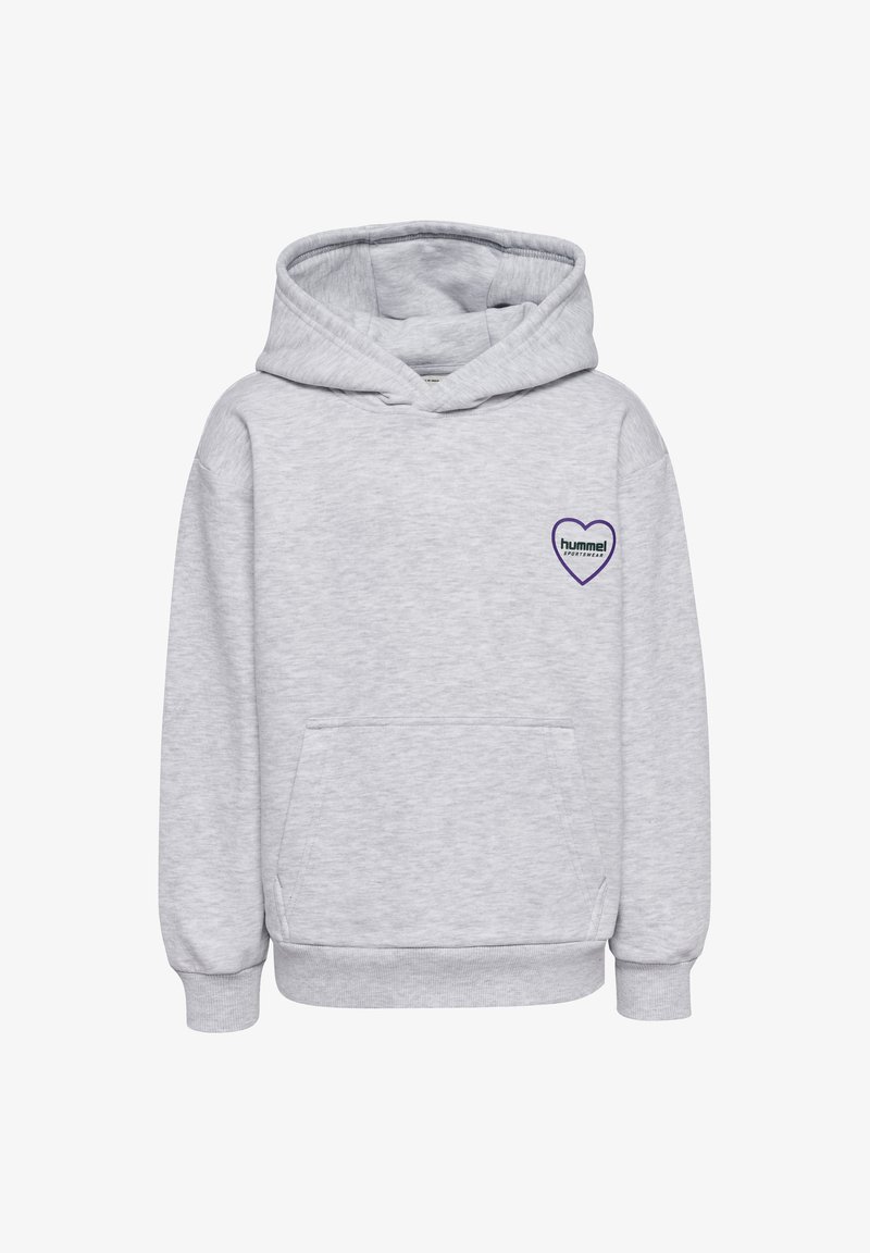 Hoodie gris clair en tissu doux, avec une poche frontale, des poignets élastiques et un logo en forme de cœur violet sur la poitrine gauche.