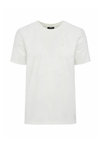 Biała bawełniana koszulka z okrągłym dekoltem i krótkimi rękawami. Posiada małe, dyskretne logo po lewej stronie klatki piersiowej. Gładka tekstura.