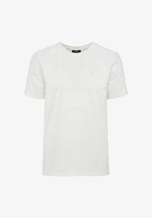 Biała bawełniana koszulka z okrągłym dekoltem i krótkimi rękawami. Posiada małe, dyskretne logo po lewej stronie klatki piersiowej. Gładka tekstura.