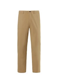 Pantaloni khaki realizzati in tessuto leggero, con design a gamba dritta, chiusura con un singolo bottone e parte anteriore piatta con tasche laterali.