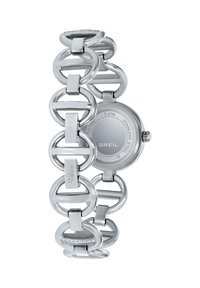 Montre en acier inoxydable argenté avec un bracelet à maillons ovales, un boîtier rond au dos et une surface lisse. Nom de la marque gravé sur le fermoir.