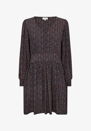 Rochie florală neagră cu mâneci lungi, având un corp ajustat și o fustă evazată. Model cu flori mici roșii și roz, textură de material moale.