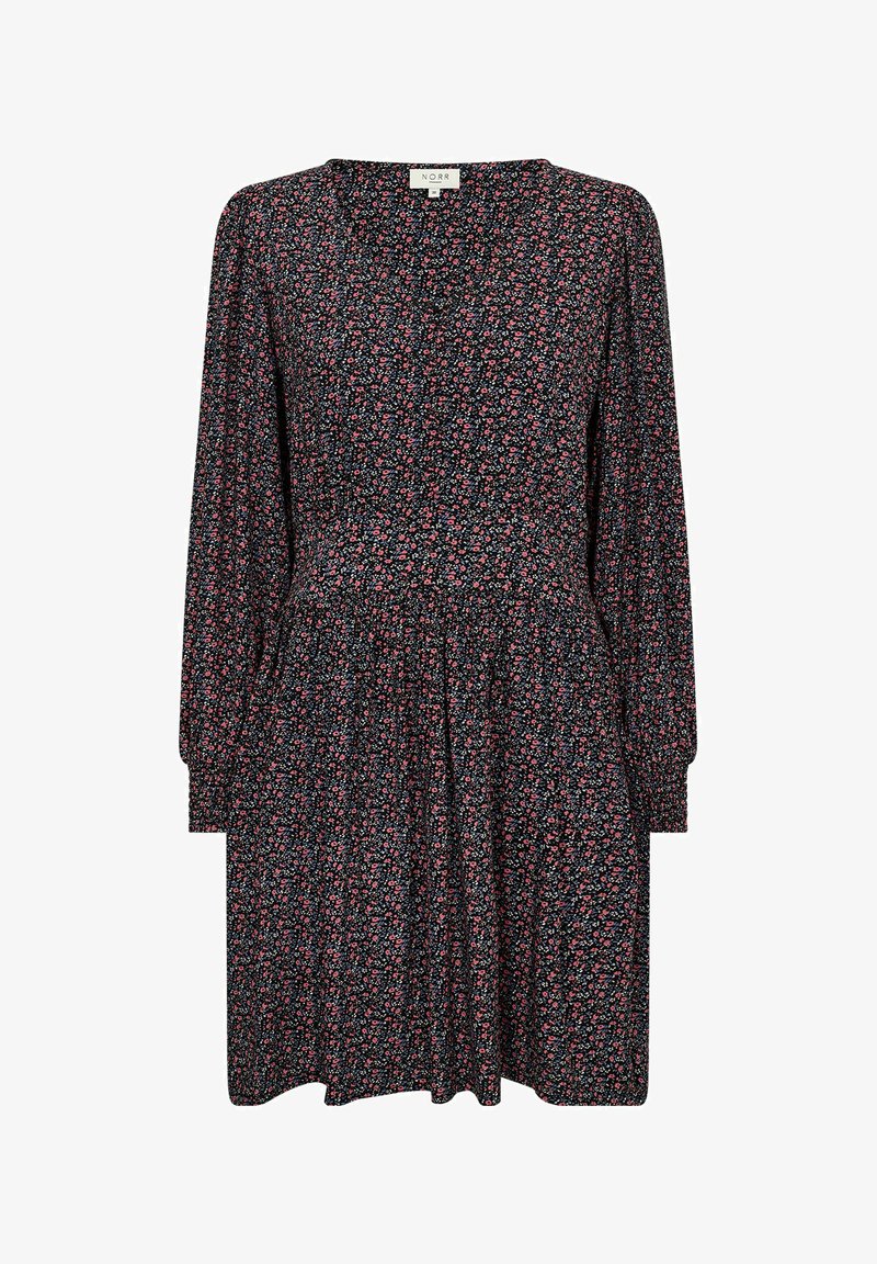 Melna ziedu kleita ar garām piedurknēm, ar pieguļošu bodi un izplestu svārku. Mazs sarkans un rozā ziedu raksts, mīksta auduma tekstūra.