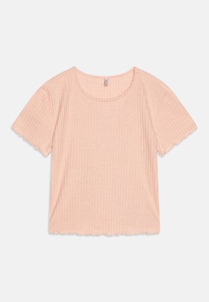 Lys rosa, ribbet kortermet topp med rund hals og bølget kant. Laget av et mykt materiale, med avslappet passform.
