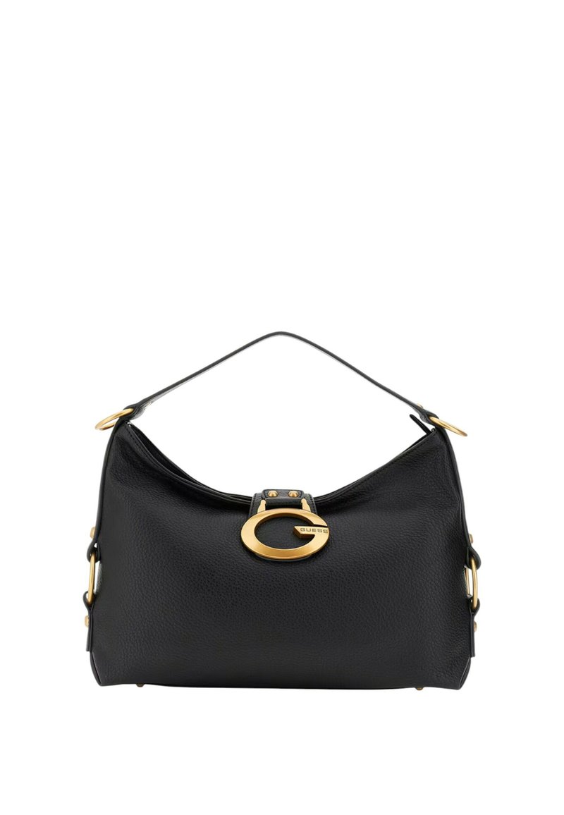 Zwart lederen handtas met korte strap, gouden "G" logo gesp op de voorkant en gouden hardware accenten aan de zijkanten.