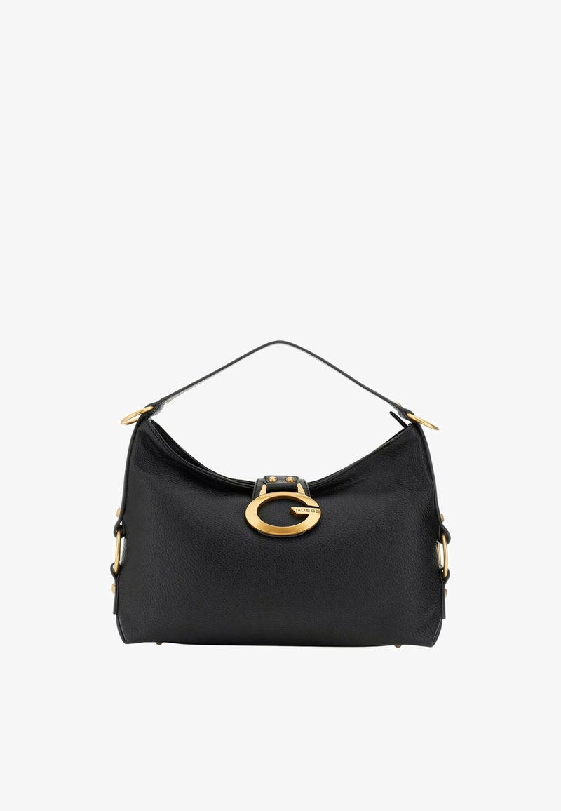 Schwarze Leder-Handtasche mit kurzem Tragegriff, goldfarbener "G"-Logo-Schnalle auf der Vorderseite und goldenen Hardware-Details an den Seiten.