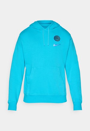 Türkise Kapuzenjacke aus weichem Material, mit einer vorderen Kängurutasche, verstellbarem Kapuzenzug und Logos auf der Brust: ein kreisförmiges und das Nike-Swoosh.