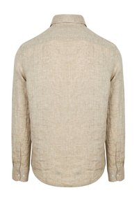 Beige linnen overhemd met lange mouwen en een button-down kraag, met een gladde textuur en een afgeronde zoom. De achterkant toont geen patronen of accenten.