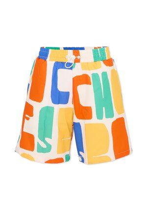Pantaloncini multicolore con grandi lettere astratte a blocchi in arancione, blu, verde e giallo, dotati di una cintura elastica e un laccetto bianco.