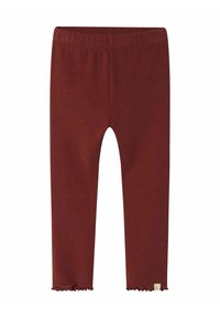 Bordeauxfarbene Leggings aus weichem Material mit einem elastischen Bund und einem Rüschenkante an den Knöcheln, versehen mit einem kleinen Markenschild an der Seite.