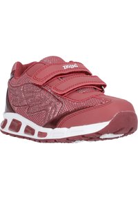 Chaussure de sport rouge avec une tige en maille, accents pailletés, doubles bandes Velcro, col garnie et semelle en caoutchouc blanc avec des poches d'air.