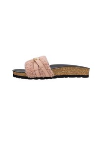 Schlappen mit pinkem, flauschigem Riemen, zwei Lederbändern, goldener Schnalle, Korkwedge-Sohle und schwarzer strukturiertem Außensohle.