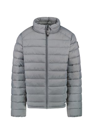 Gray padded jacket with a high collar, vertical quilted design, front zipper closure, and a small logo on the left sleeve. Soft texture.