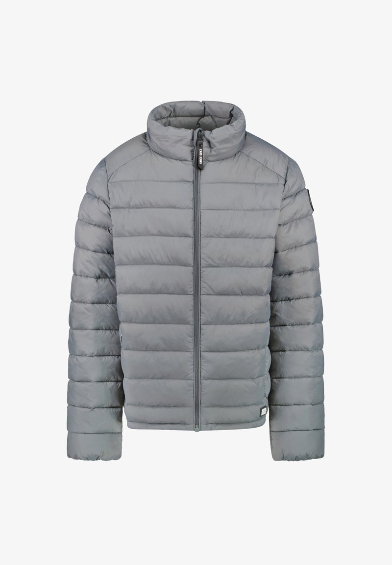 Grijze gewatteerde jas met een hoge kraag, verticale gestikte uitstraling, rits aan de voorkant en een klein logo op de linkermouw. Zachte textuur.