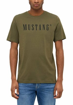 Olive green cotton t-shirt featuring the word "MUSTANG" in bold black print. Short sleeves and a classic crew neck design.