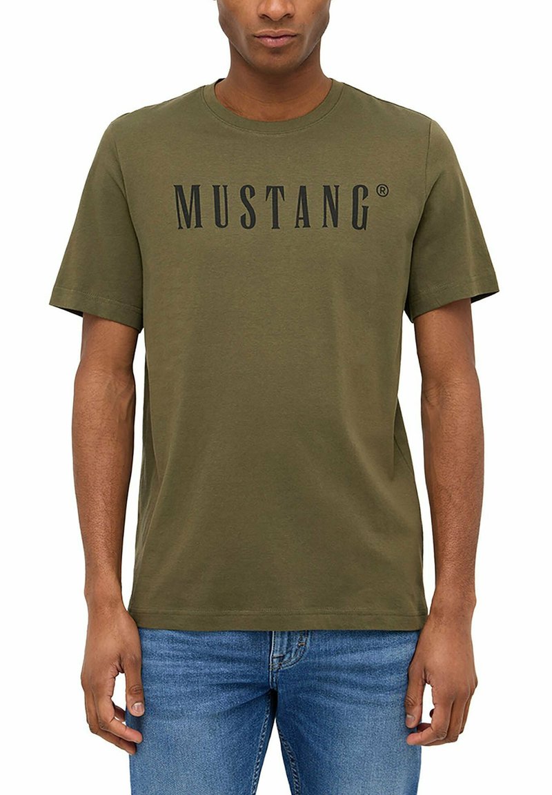 Olive green cotton t-shirt featuring the word "MUSTANG" in bold black print. Short sleeves and a classic crew neck design.