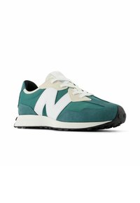 Baskets en suede teal et blanches avec un design à lacets, languette rembourrée et semelle en caoutchouc noir texturé. Présente un logo blanc proéminent.