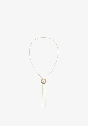 Collier chaîne en or avec un pendentif rond en or orné d'une perle blanche centrale et de deux chaînes pendantes délicates.