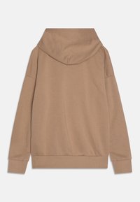 Felpa marrone con maniche lunghe, un grande cappuccio e polsini e orlo a costine. Texture morbida e design minimale senza tasche o decorazioni.