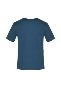 Blaues Baumwoll-T-Shirt mit kurzen Ärmeln, Rundhalsausschnitt und glatter Textur. Keine Muster oder Grafiken; durchgehend einfarbig.