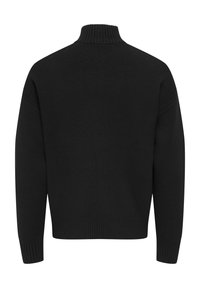 Pull noir en maille avec un col montant et des poignets côtelés. Le dos présente un design simple avec une texture lisse. Aucun motif ou accent visible.