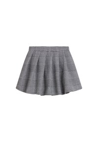 Falda a cuadros gris con pliegues, que presenta una cinturilla ajustada. El patrón incluye una mezcla de cuadros pequeños y grandes para darle textura.