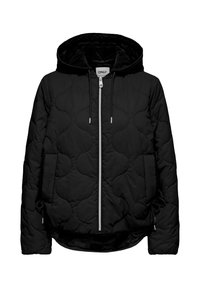 Schwarze gesteppte Jacke mit Kapuze, Reißverschluss vorne und Kordelzügen. Verfügt über ein strukturiertes Muster und Seitentaschen. Glatte Stoffoberfläche.