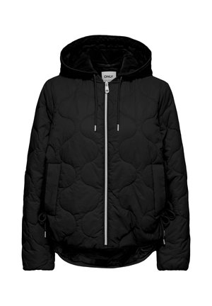 Must tikitud jope kapuutsiga, esiosas lukk ja nöördetailid. Omadustega tekstureeritud muster ja küljetaskud. Sile kangapind.