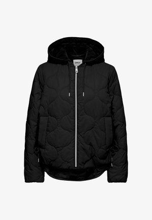 Melna dūraiņu jaka ar kapuci, rāvējslēdzēju priekšpusē un auklu akcentiem. Raksturota ar fakturētu rakstu un sānu kabatām. Gluda auduma apdare.