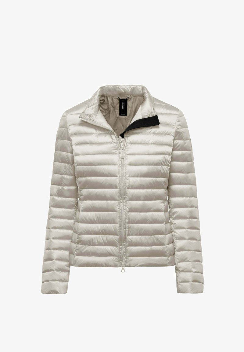 Giubbotto imbottito grigio chiaro con cerniera frontale completa e collo alto, progettato per il calore e un uso casual.