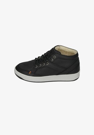 Black leather high-top sneaker with lace-up design, padded collar, cream-colored lining, rubber sole, and small orange accent detail.