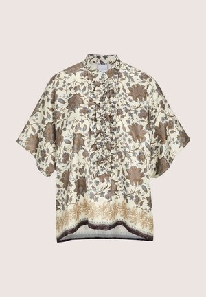 Florale Bluse in Creme mit braunen und blauen Mustern. Mit Rüschen vorne und kurzen Ärmeln, verziert mit filigranen Saumakzenten.