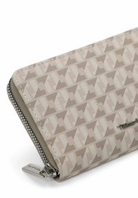 Zippered wallet in beige with a geometric pattern of light and dark triangles. Features silver hardware and a textured surface.