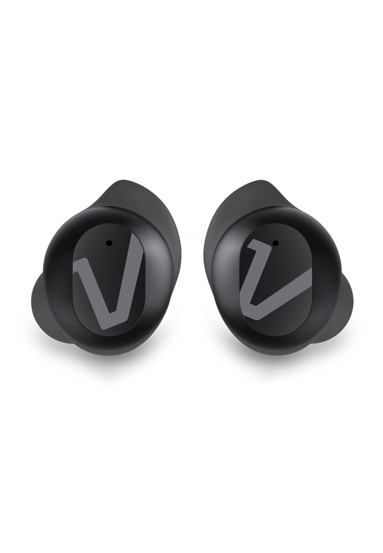 Drahtlose In-Ear-Kopfhörer in mattem Schwarz mit einem glatten, abgerundeten Design. Jeder Ohrhörer verfügt über ein kleines Mikrofon und ein silbernes Logo auf der Oberfläche.