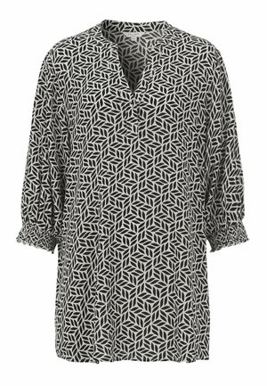 Zwart-witte blouse met een bladenpatroon, voorzien van een V-hals en driekwart mouwen met elastische manchetten. Lichte stof.