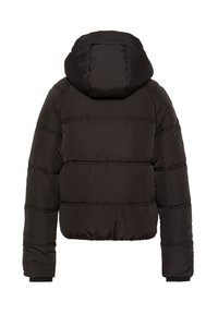 Sort cropped dunjakke med hætte, med en glat tekstur, quiltet mønster og ribbede manchetter. Bagsiden viser et enkelt design.