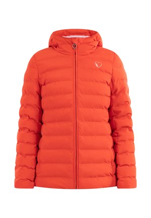 Pomarańczowa kurtka puchowa z kapturem, pikowana, z pełnym zamkiem z przodu i małym logo serca na piersi. Miękka faktura i lekka.