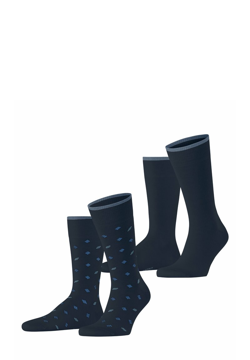 Set mit vier Paar Herrenstrümpfen. Zwei einfarbige dunkelblaue Paare und zwei gemusterte Paare mit blauen Akzenten auf einem dunkelblauen Hintergrund. Aus Baumwollmischgewebe.