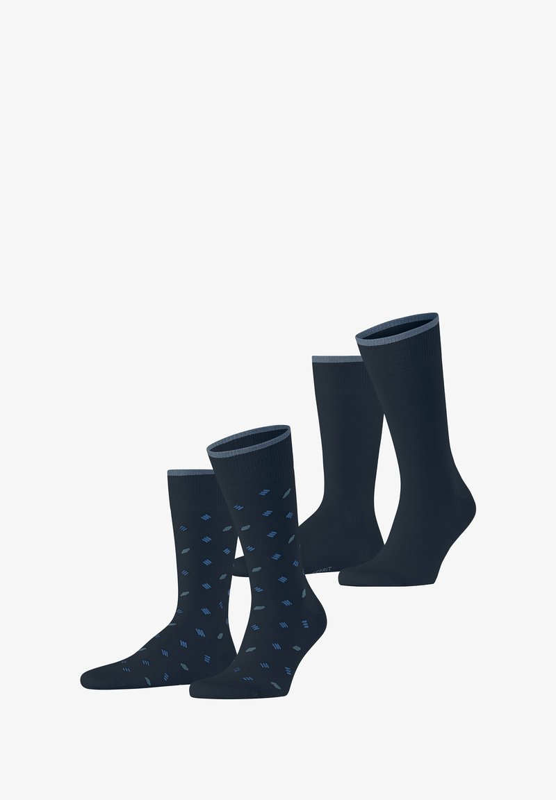 Set mit vier Paar Herrenstrümpfen. Zwei einfarbige dunkelblaue Paare und zwei gemusterte Paare mit blauen Akzenten auf einem dunkelblauen Hintergrund. Aus Baumwollmischgewebe.