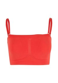 Červený bezšvový bralette s nastavitelnými ramínky, který má hladký povrch a jednoduchý design bez ozdob nebo vzorů.