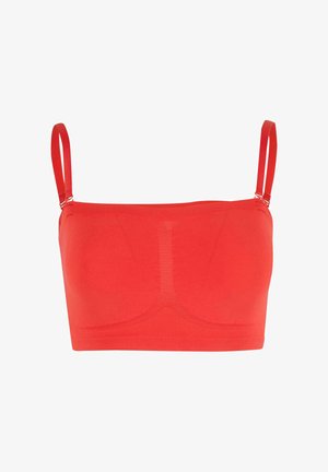 Rode naadloze bralette met verstelbare bandjes, met een gladde textuur en een eenvoudig ontwerp zonder versieringen of patronen.