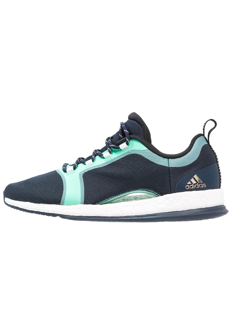 Scarpa da ginnastica leggera con tomaia in mesh blu navy, dettagli turchese e suola imbottita bianca. Presenta un design testurizzato e chiusura con lacci.