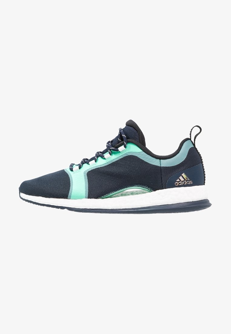 Scarpa da ginnastica leggera con tomaia in mesh blu navy, dettagli turchese e suola imbottita bianca. Presenta un design testurizzato e chiusura con lacci.