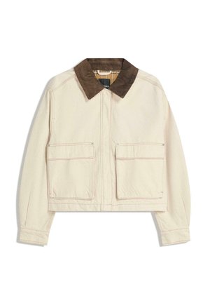 Cropped jacket in beige cotton with a brown corduroy collar, featuring two front patch pockets and visible stitching details.